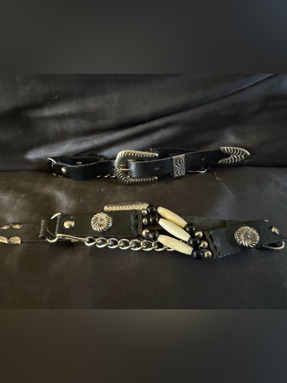 Vintage 80’s Boot Straps in Black Leather w/Silver Hardware Artisan Bead Accents